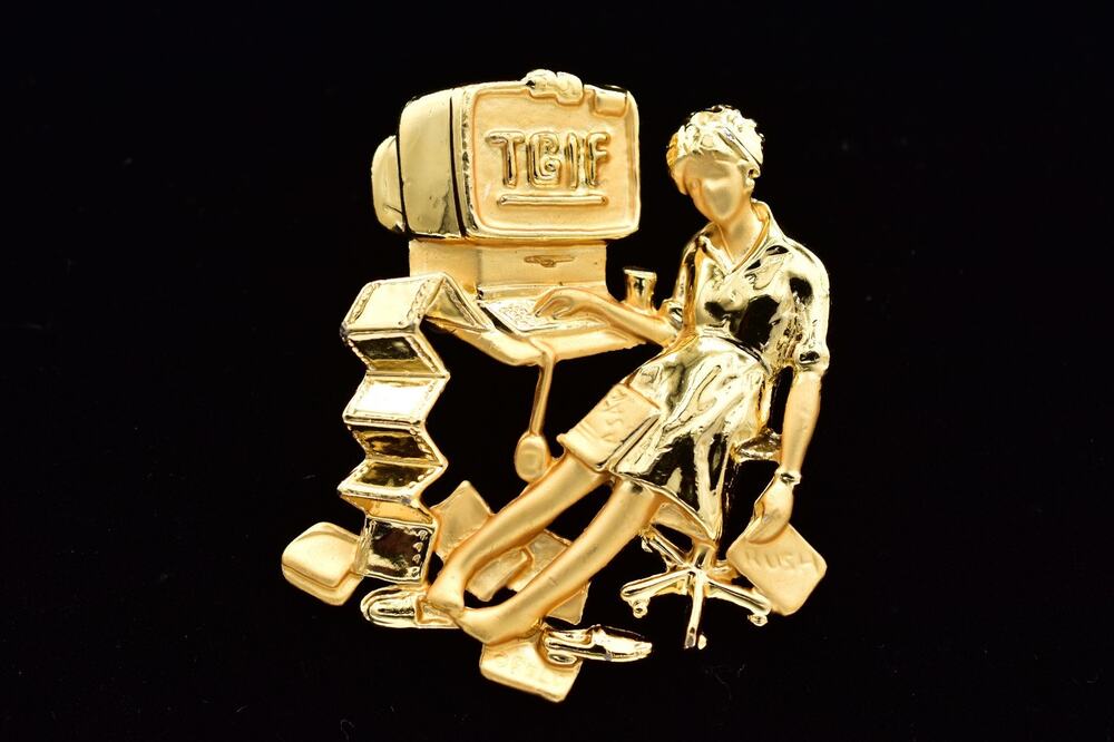 AJC TGIF Office Woman Computer Brooch Brushed Gold Funny Work Pin 1980s PinA25
